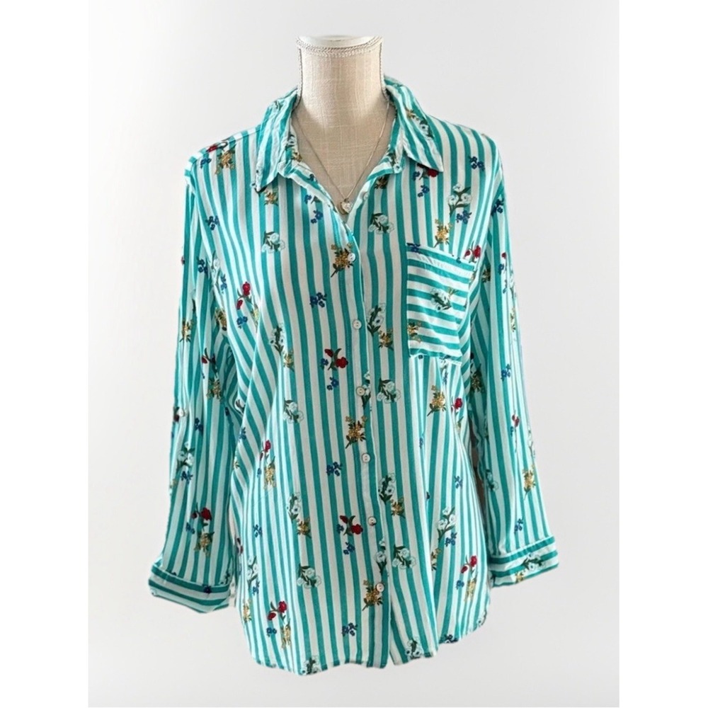 Grand & Greene Teal White Striped Floral Button Down Shirt XL Womens Long Sleeve